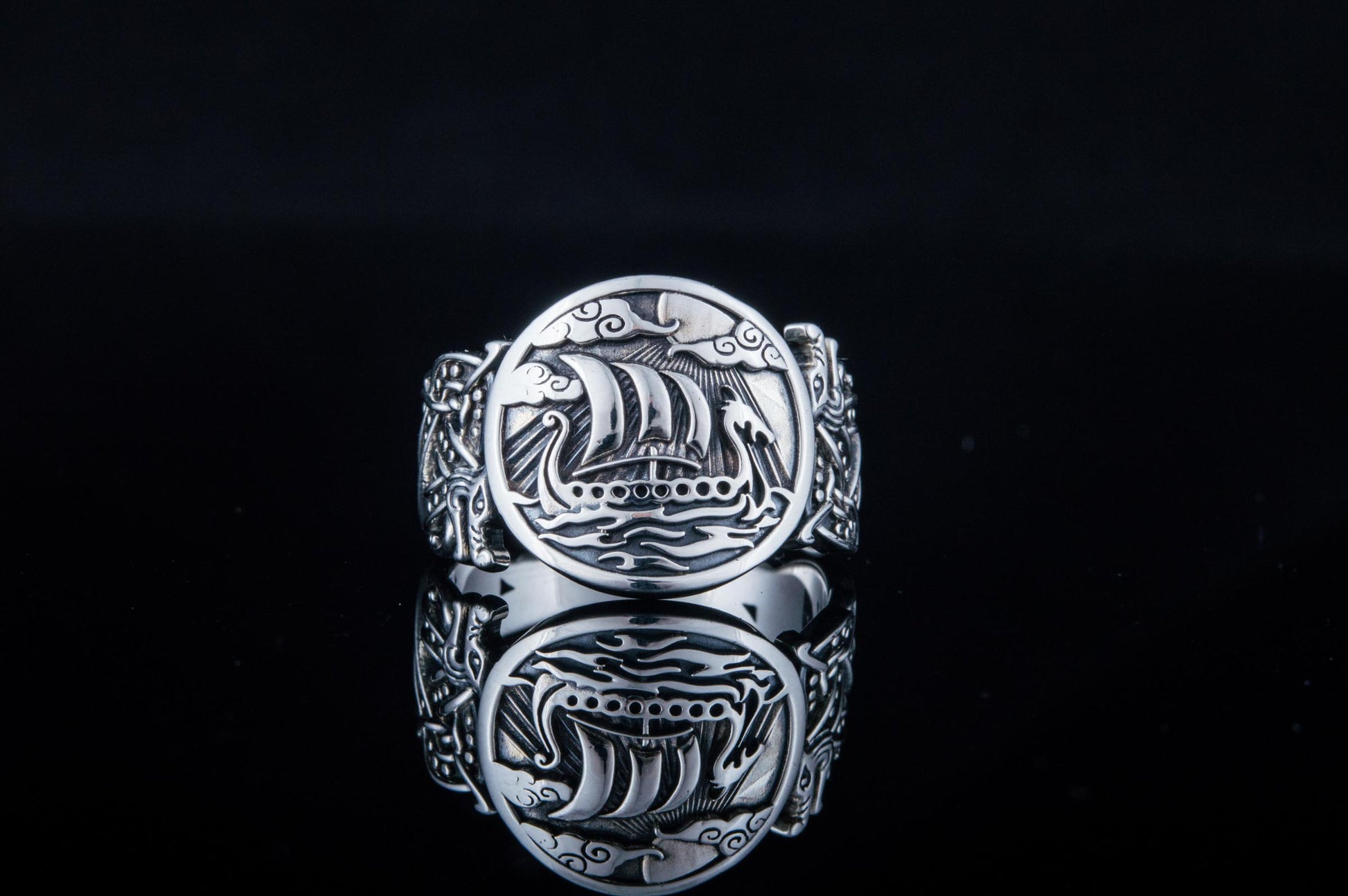 vkngjewelry Ring Handcrafted  Drakkar Symbol with Wolf Ornament Sterling Silver Ring