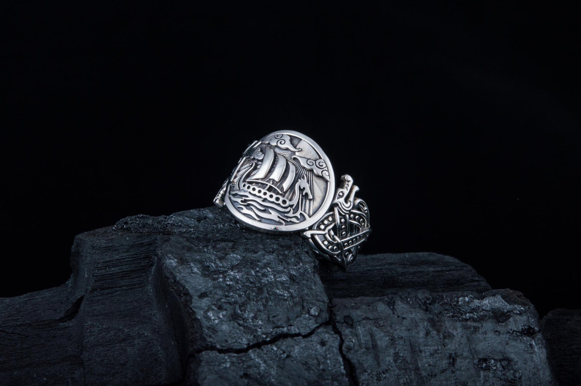 vkngjewelry Ring Handcrafted  Drakkar Symbol with Wolf Ornament Sterling Silver Ring