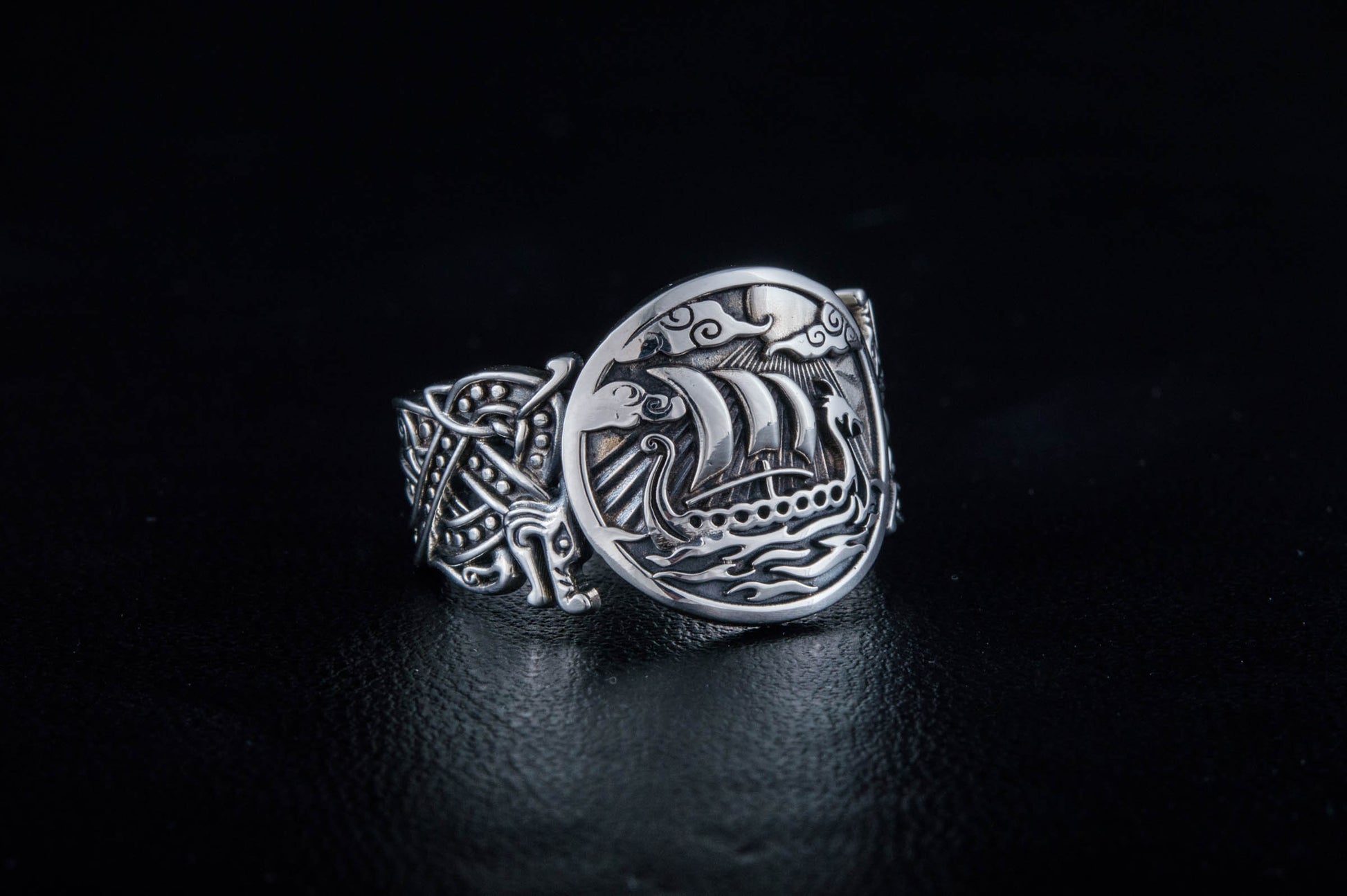 vkngjewelry Ring Handcrafted  Drakkar Symbol with Wolf Ornament Sterling Silver Ring