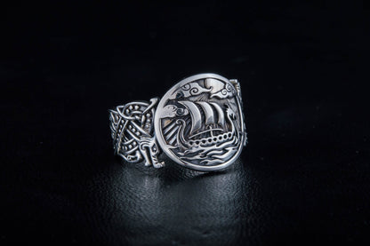 vkngjewelry Ring Handcrafted  Drakkar Symbol with Wolf Ornament Sterling Silver Ring
