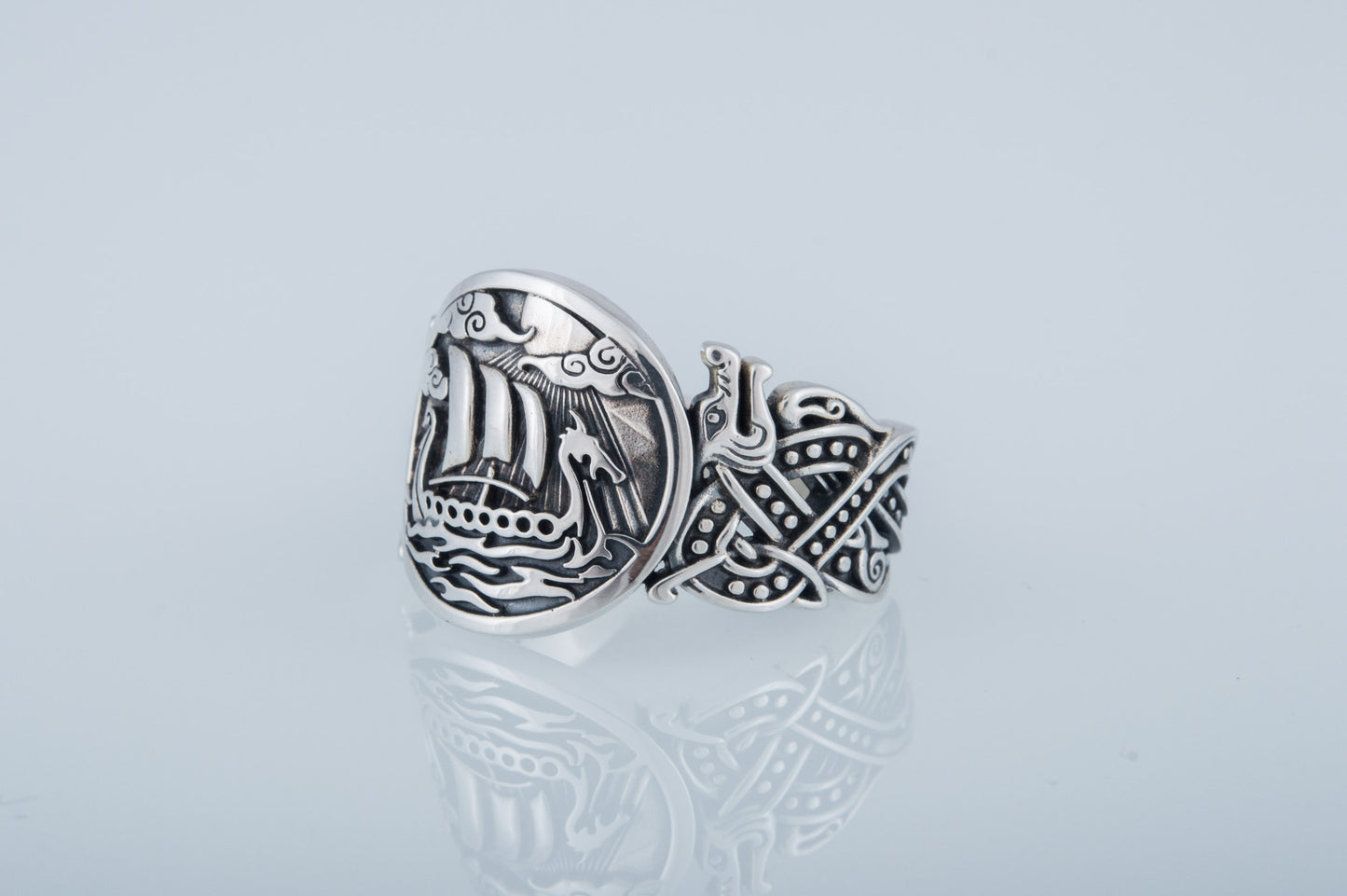 vkngjewelry Ring Handcrafted  Drakkar Symbol with Wolf Ornament Sterling Silver Ring