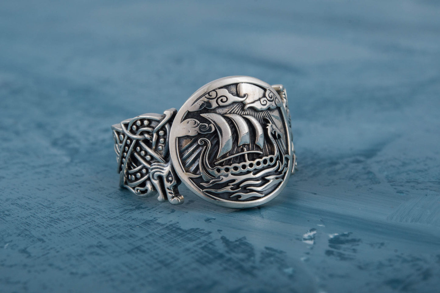 vkngjewelry Ring Handcrafted  Drakkar Symbol with Wolf Ornament Sterling Silver Ring