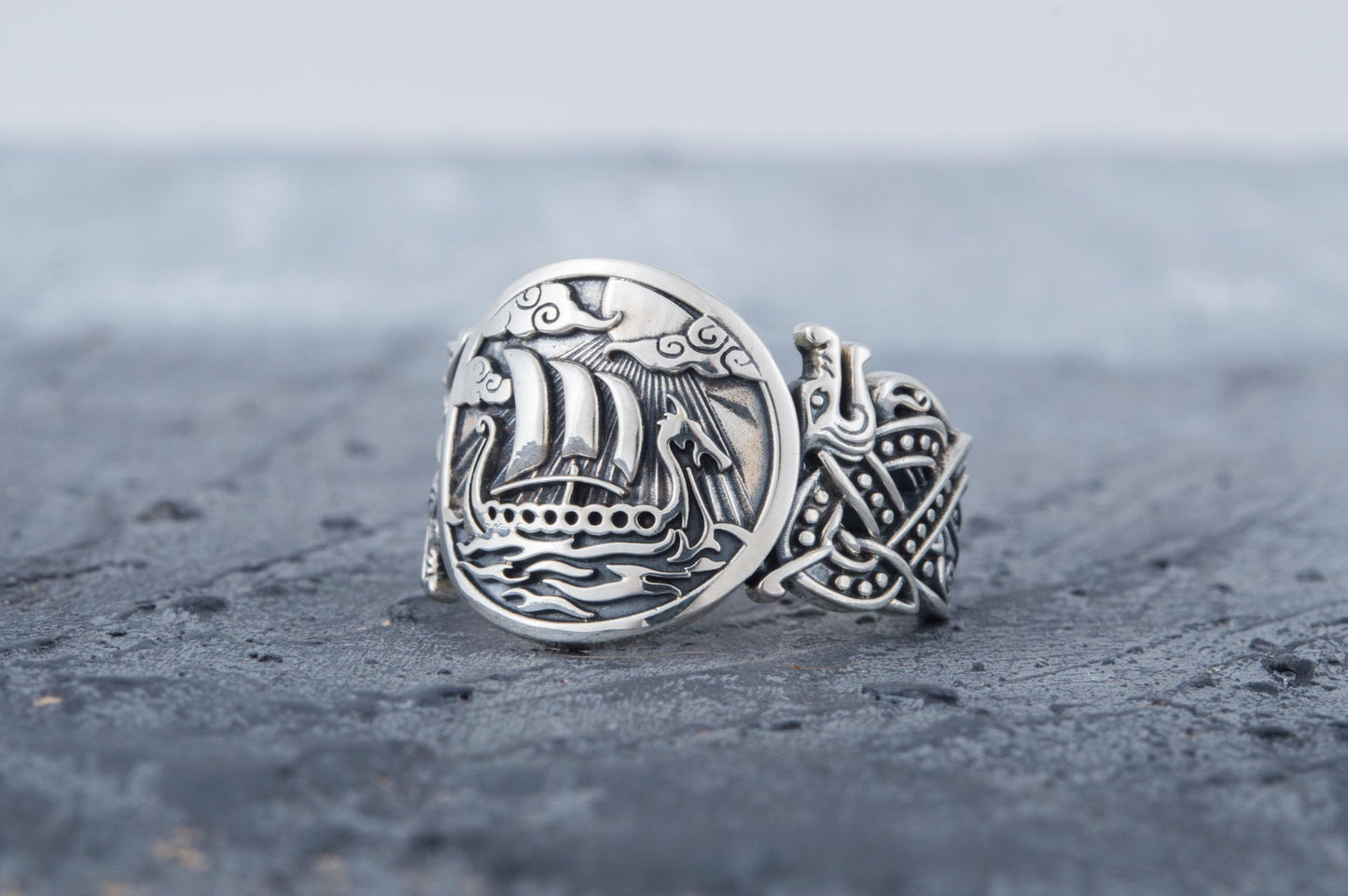 vkngjewelry Ring Handcrafted  Drakkar Symbol with Wolf Ornament Sterling Silver Ring