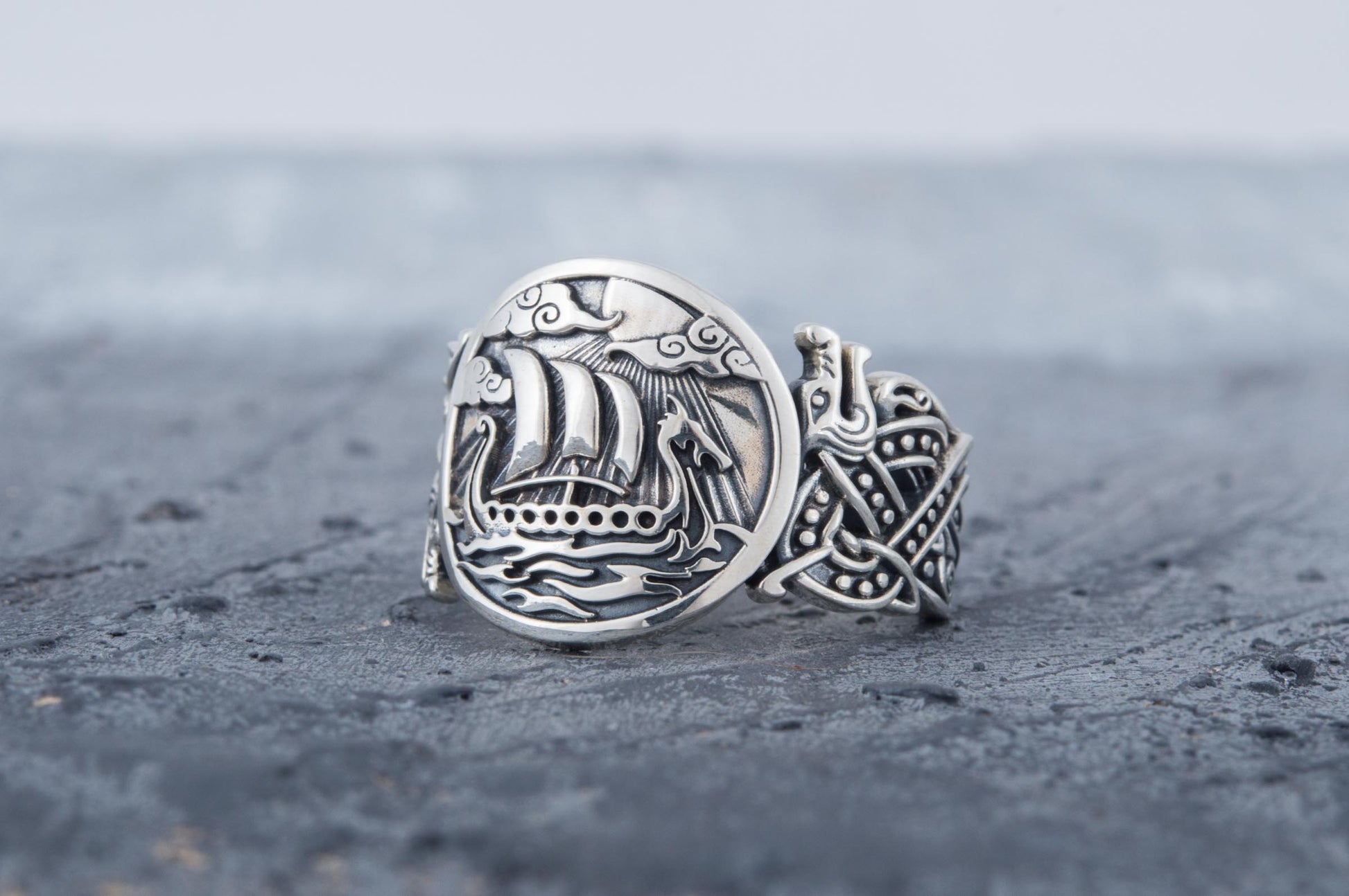 vkngjewelry Ring Handcrafted  Drakkar Symbol with Wolf Ornament Sterling Silver Ring