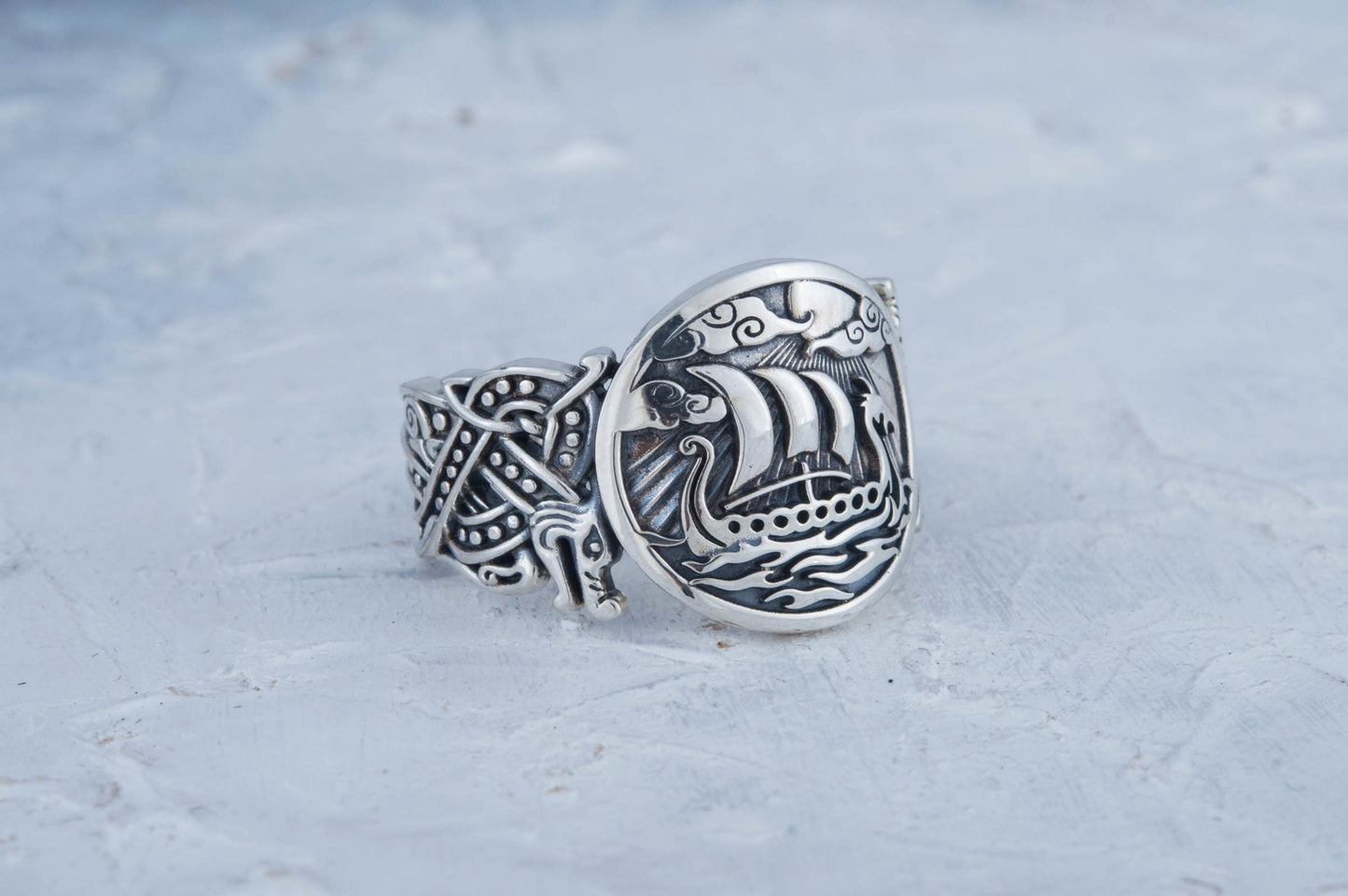 vkngjewelry Ring Handcrafted  Drakkar Symbol with Wolf Ornament Sterling Silver Ring