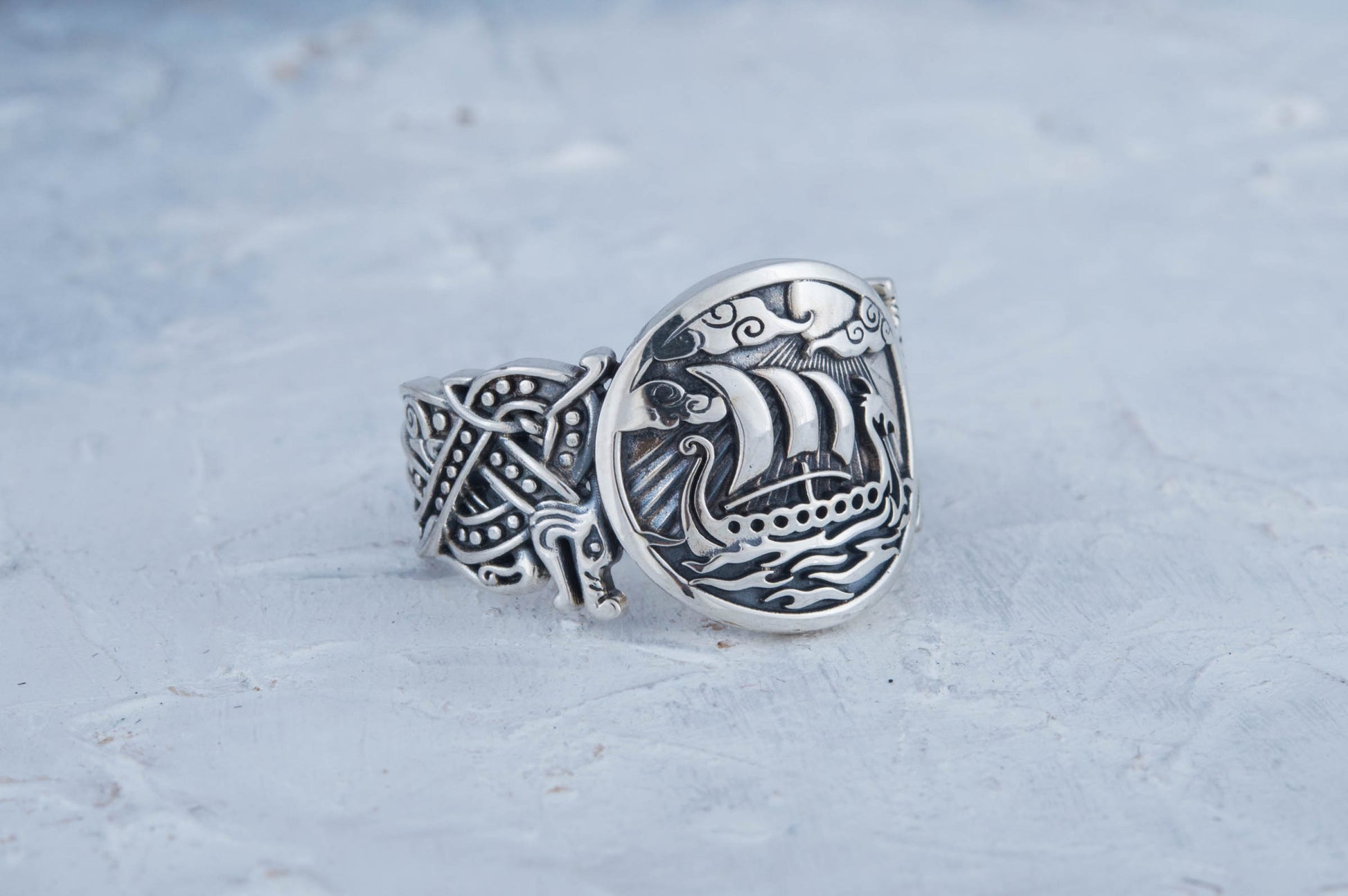 vkngjewelry Ring Handcrafted  Drakkar Symbol with Wolf Ornament Sterling Silver Ring