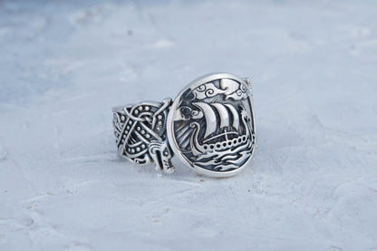 vkngjewelry Ring Handcrafted  Drakkar Symbol with Wolf Ornament Sterling Silver Ring