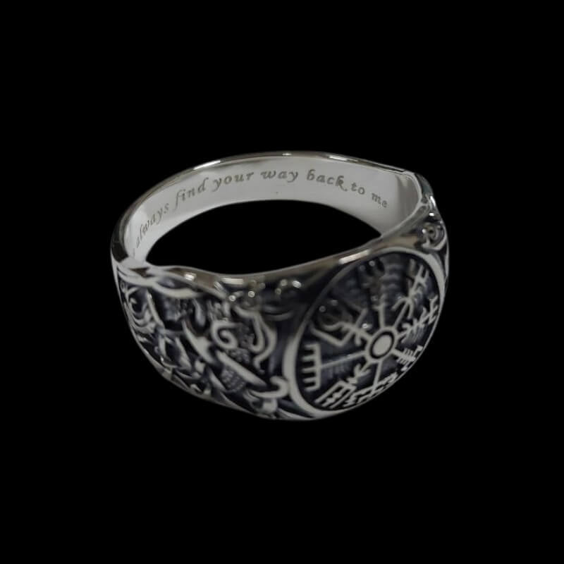 vkngjewelry Bagues Handcrafted  Drakkar Symbol with Wolf Ornament Sterling Silver Ring