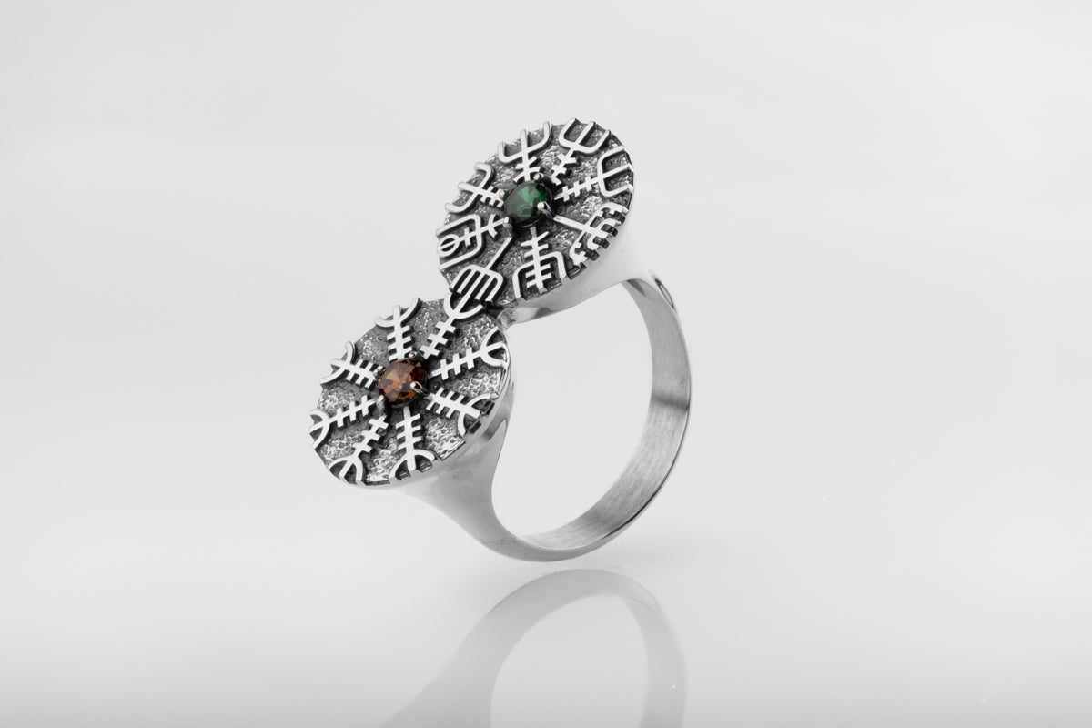 vkngjewelry Ring Dual Vegvísir & Aegishjalmur Silver Viking Ring