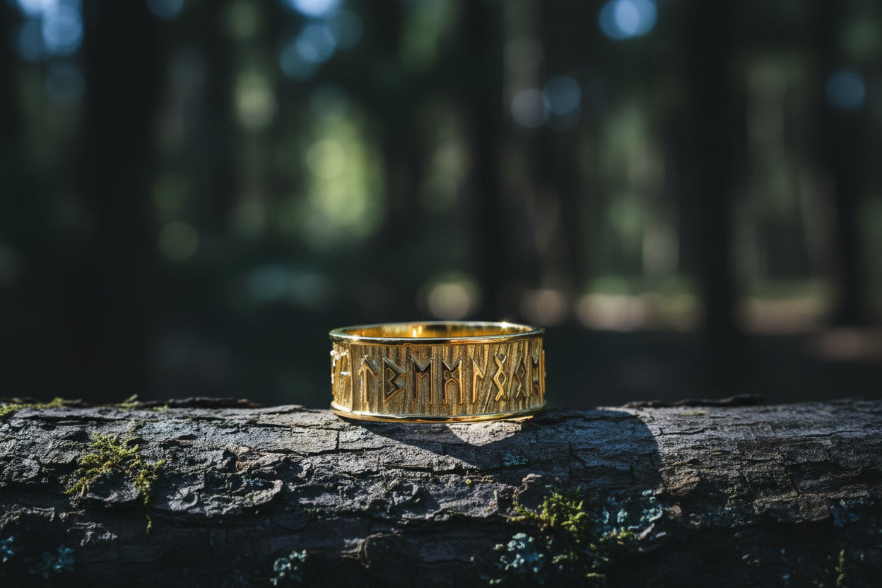vkngjewelry Ring Handcrafted Elder Futhark Runes with Wide Rim Gold Ring