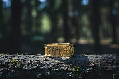 vkngjewelry Ring Handcrafted Elder Futhark Runes with Wide Rim Gold Ring