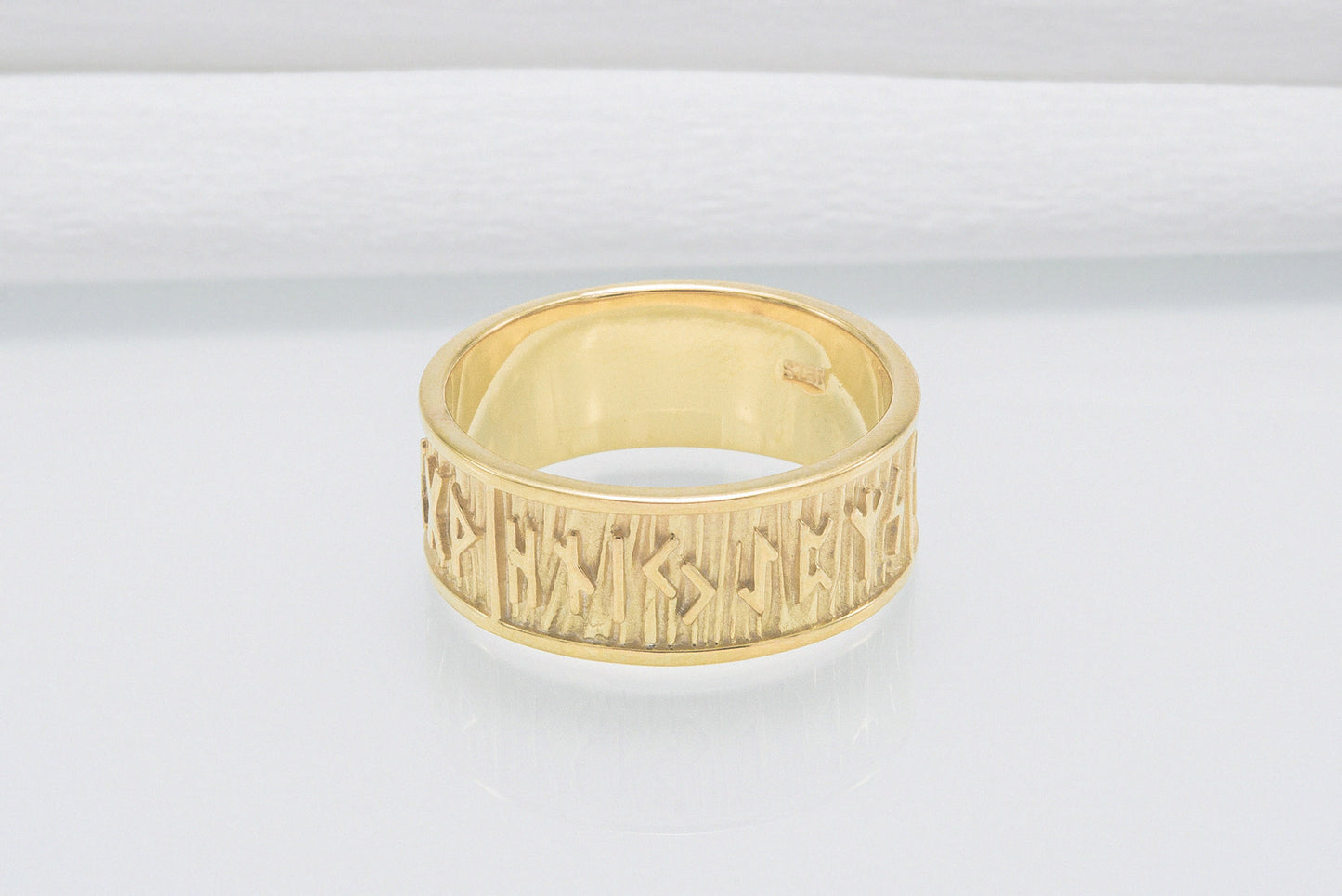 vkngjewelry Ring Handcrafted Elder Futhark Runes with Wide Rim Gold Ring