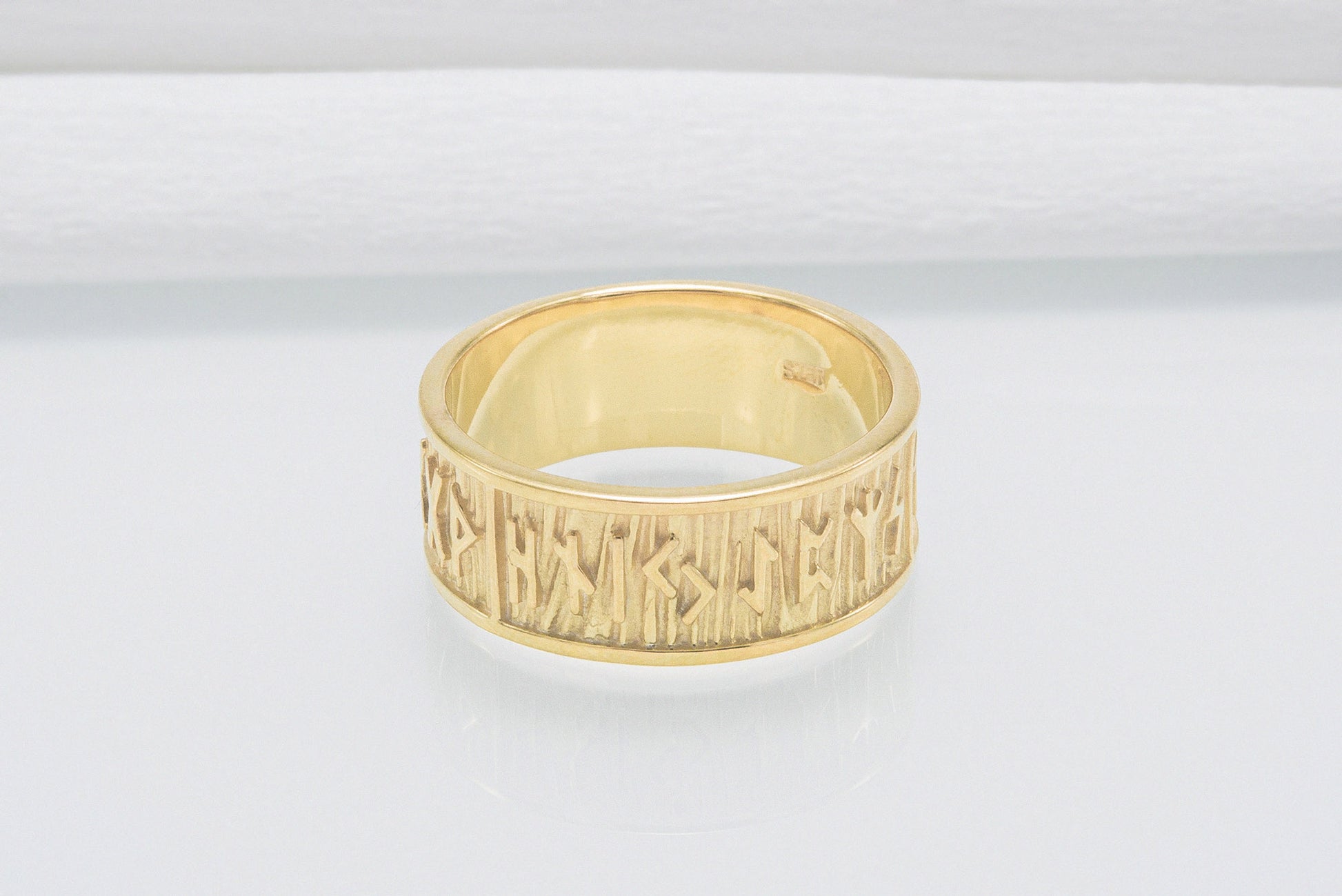 vkngjewelry Ring Handcrafted Elder Futhark Runes with Wide Rim Gold Ring
