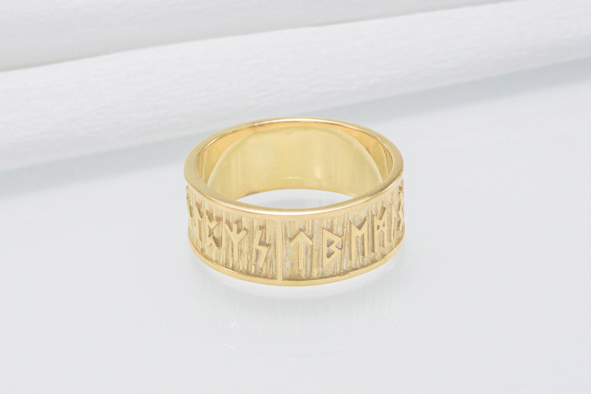 vkngjewelry Ring Handcrafted Elder Futhark Runes with Wide Rim Gold Ring