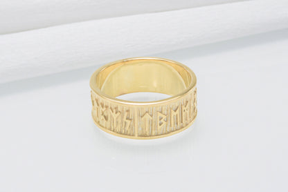 vkngjewelry Ring Handcrafted Elder Futhark Runes with Wide Rim Gold Ring