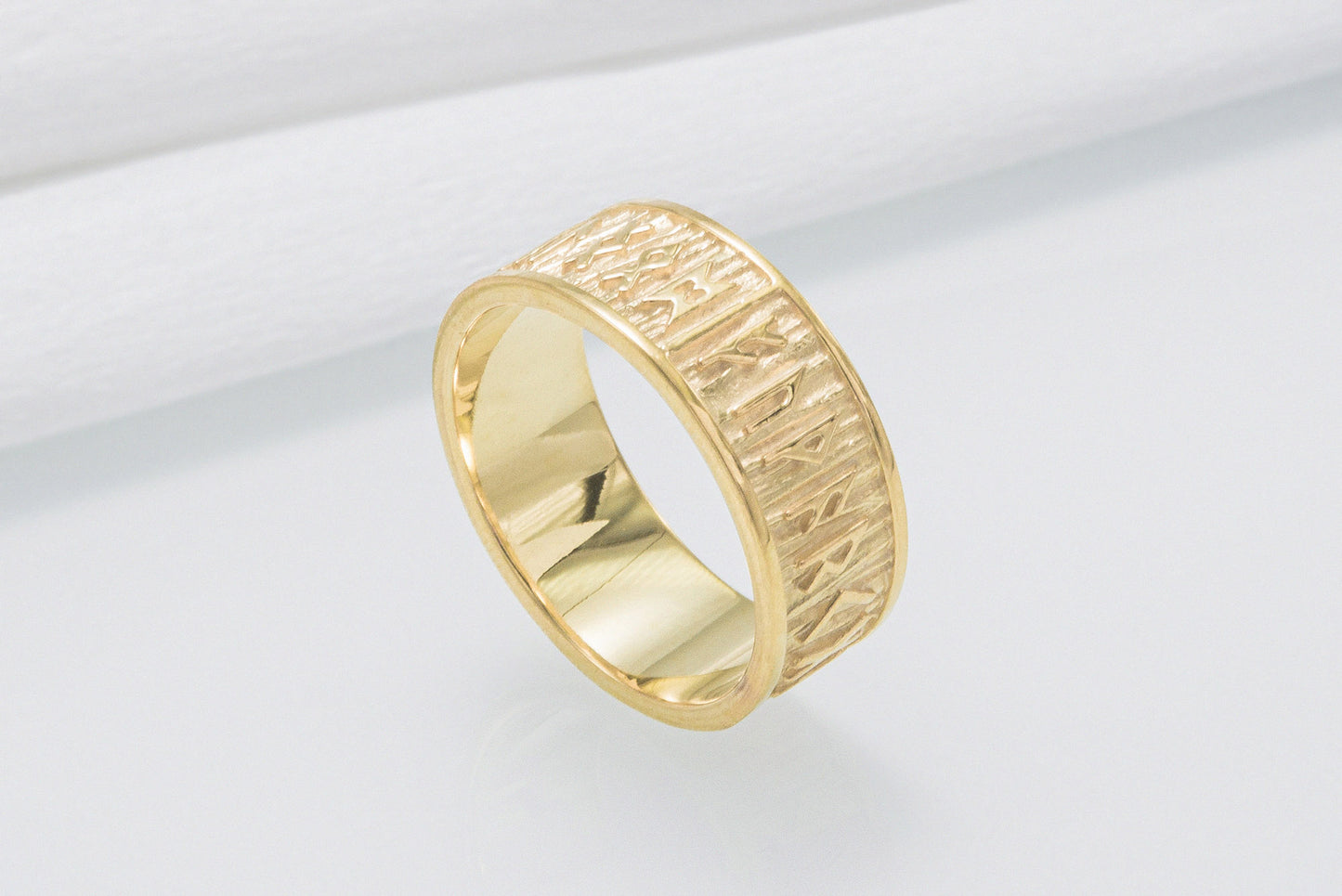 vkngjewelry Ring Handcrafted Elder Futhark Runes with Wide Rim Gold Ring