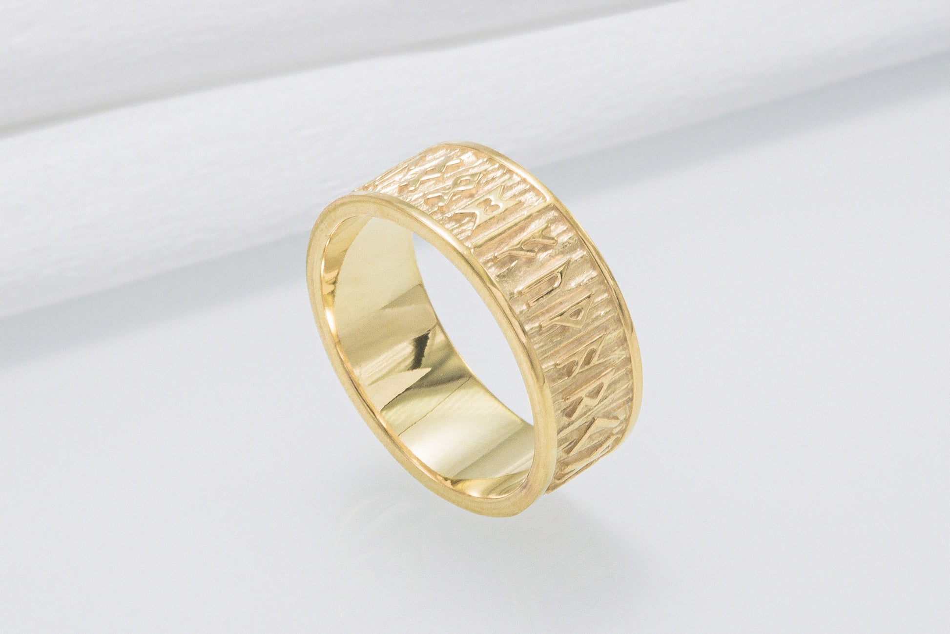 vkngjewelry Ring Handcrafted Elder Futhark Runes with Wide Rim Gold Ring
