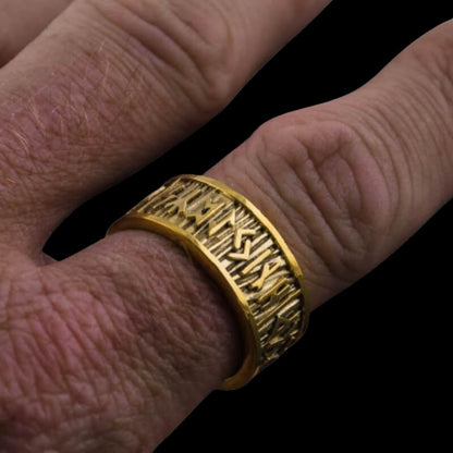 vkngjewelry Bagues Elder Futhark Runes with Wide Rim Gold Ring