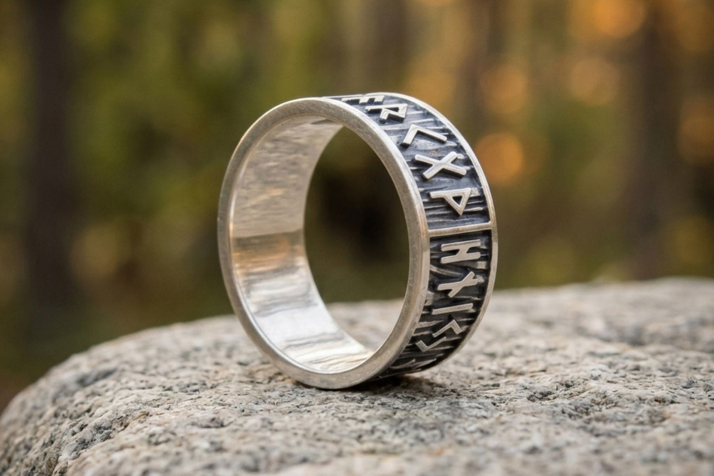 vkngjewelry Ring Handcrafted Elder Futhark Runes with Wide Rim Sterling Silver Ring