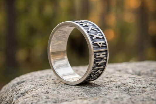 vkngjewelry Ring Handcrafted Elder Futhark Runes with Wide Rim Sterling Silver Ring