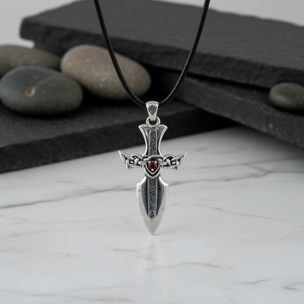vkngjewelry Pendant Handcrafted Valhalla Sword Runes and Cubic Zirconia Sterling Silver Pendant