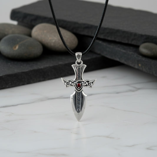 vkngjewelry Pendant Handcrafted Valhalla Sword Runes and Cubic Zirconia Sterling Silver Pendant