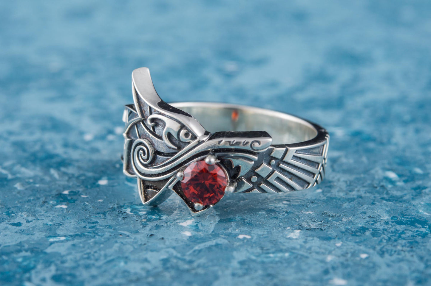 vkngjewelry Ring Handcrafted Fenrir Ring Gem Sterling Silver Ring