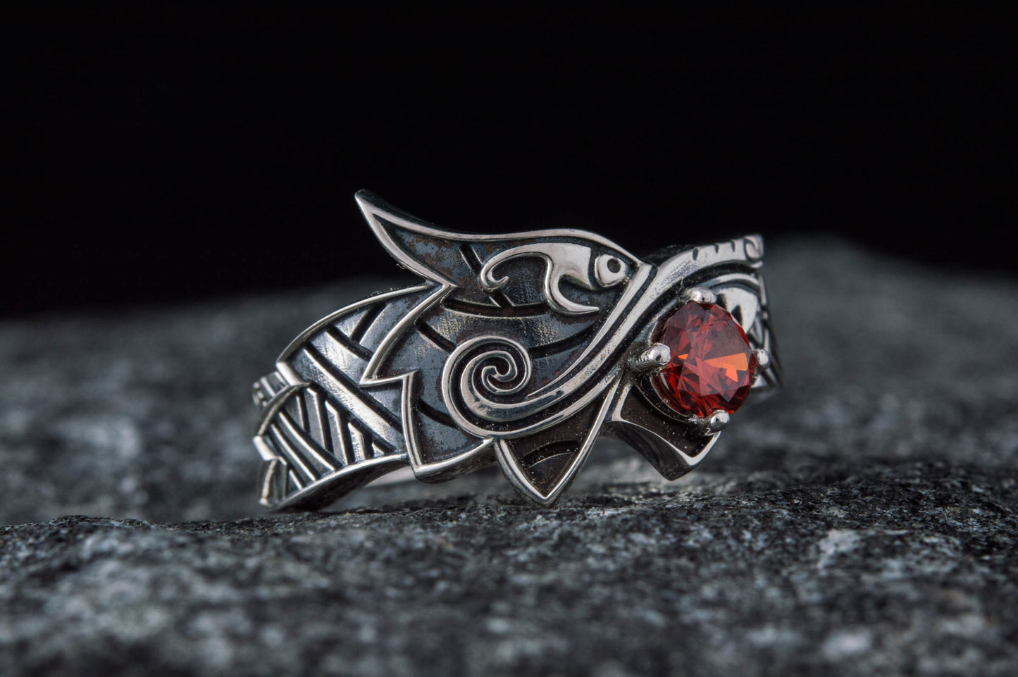 vkngjewelry Ring Handcrafted Fenrir Ring Gem Sterling Silver Ring