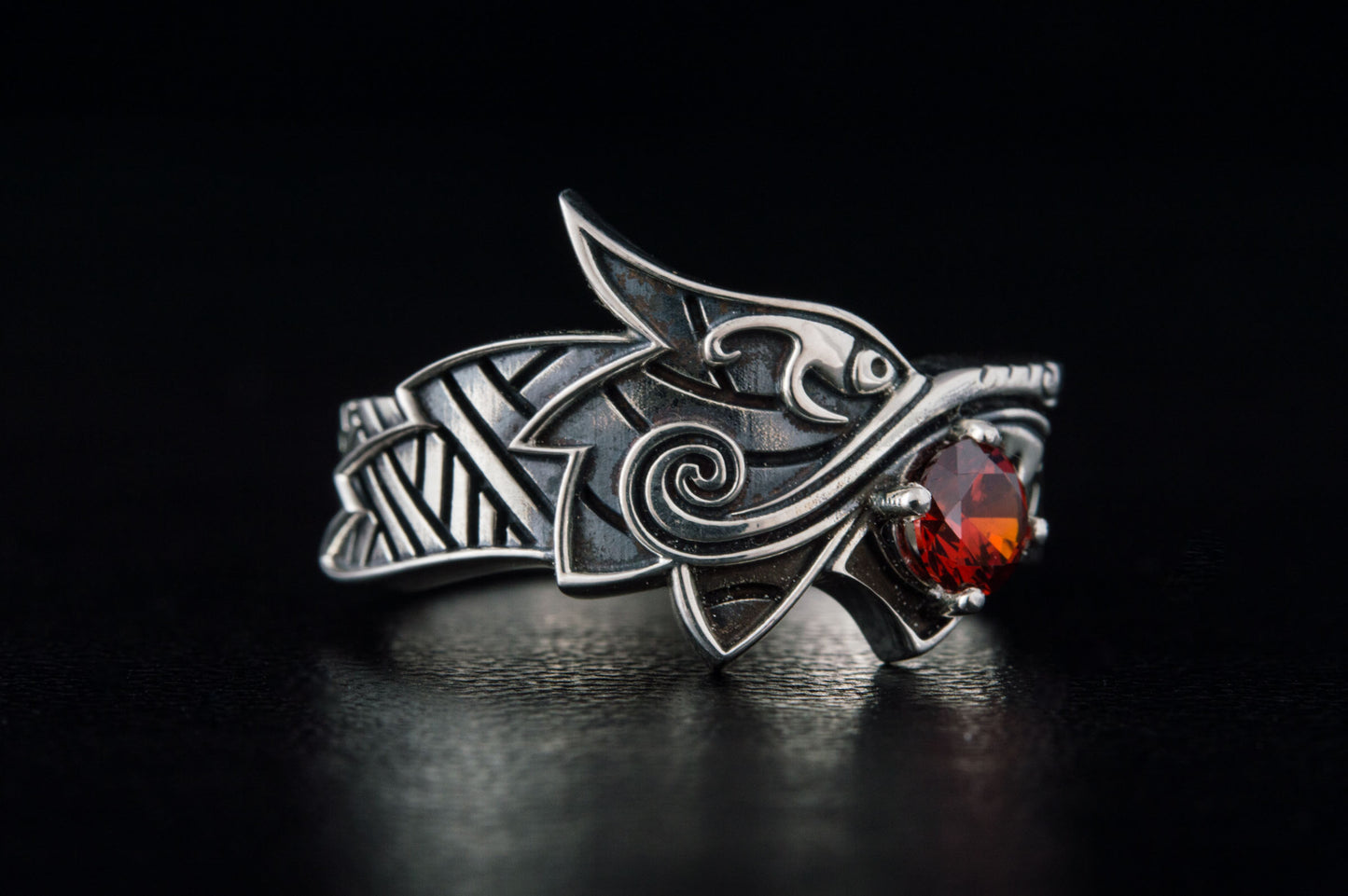 vkngjewelry Ring Handcrafted Fenrir Ring Gem Sterling Silver Ring