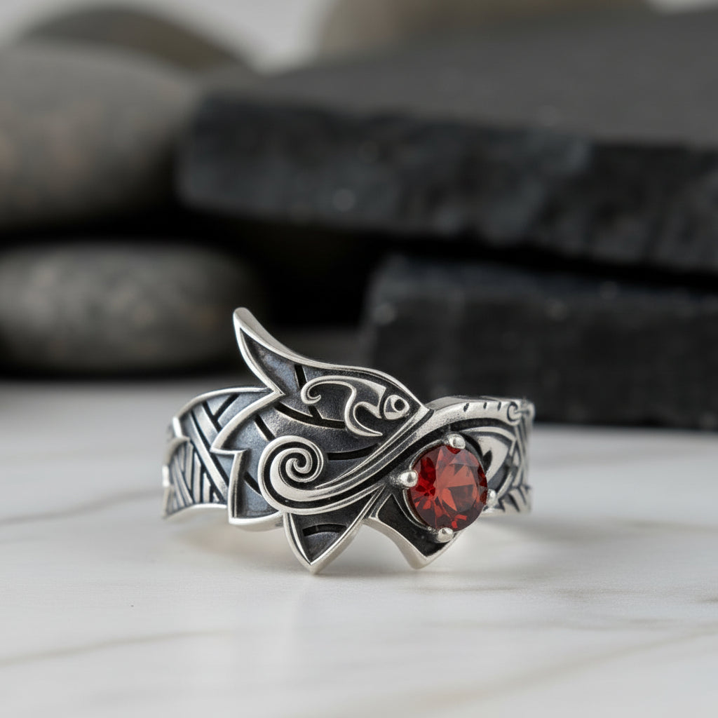 vkngjewelry Ring Handcrafted Fenrir Ring Gem Sterling Silver Ring