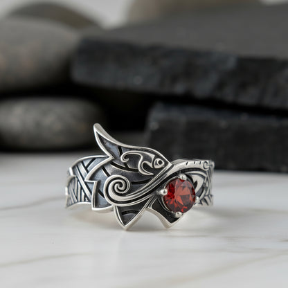 vkngjewelry Ring Handcrafted Fenrir Ring Gem Sterling Silver Ring