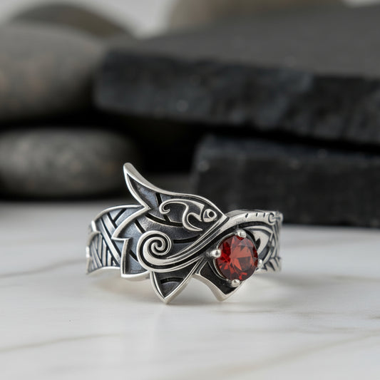 vkngjewelry Ring Handcrafted Fenrir Ring Gem Sterling Silver Ring