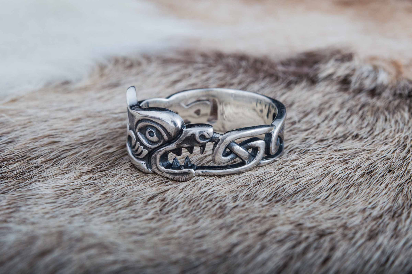 vkngjewelry Ring Handcrafted Fenrir Ring with Viking Ornament Sterling Silver Ring