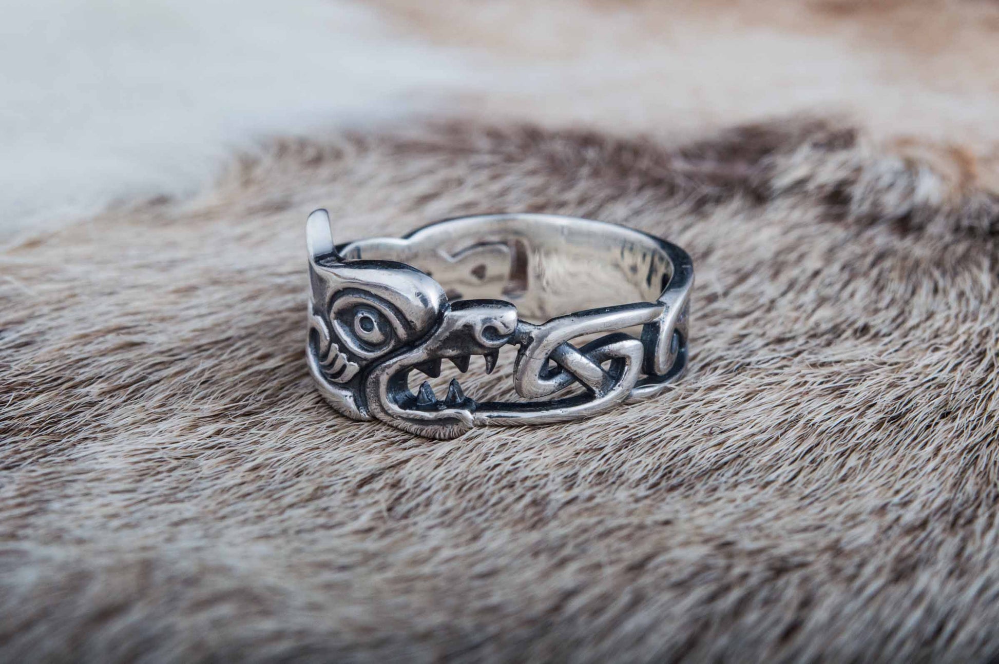 vkngjewelry Ring Handcrafted Fenrir Ring with Viking Ornament Sterling Silver Ring