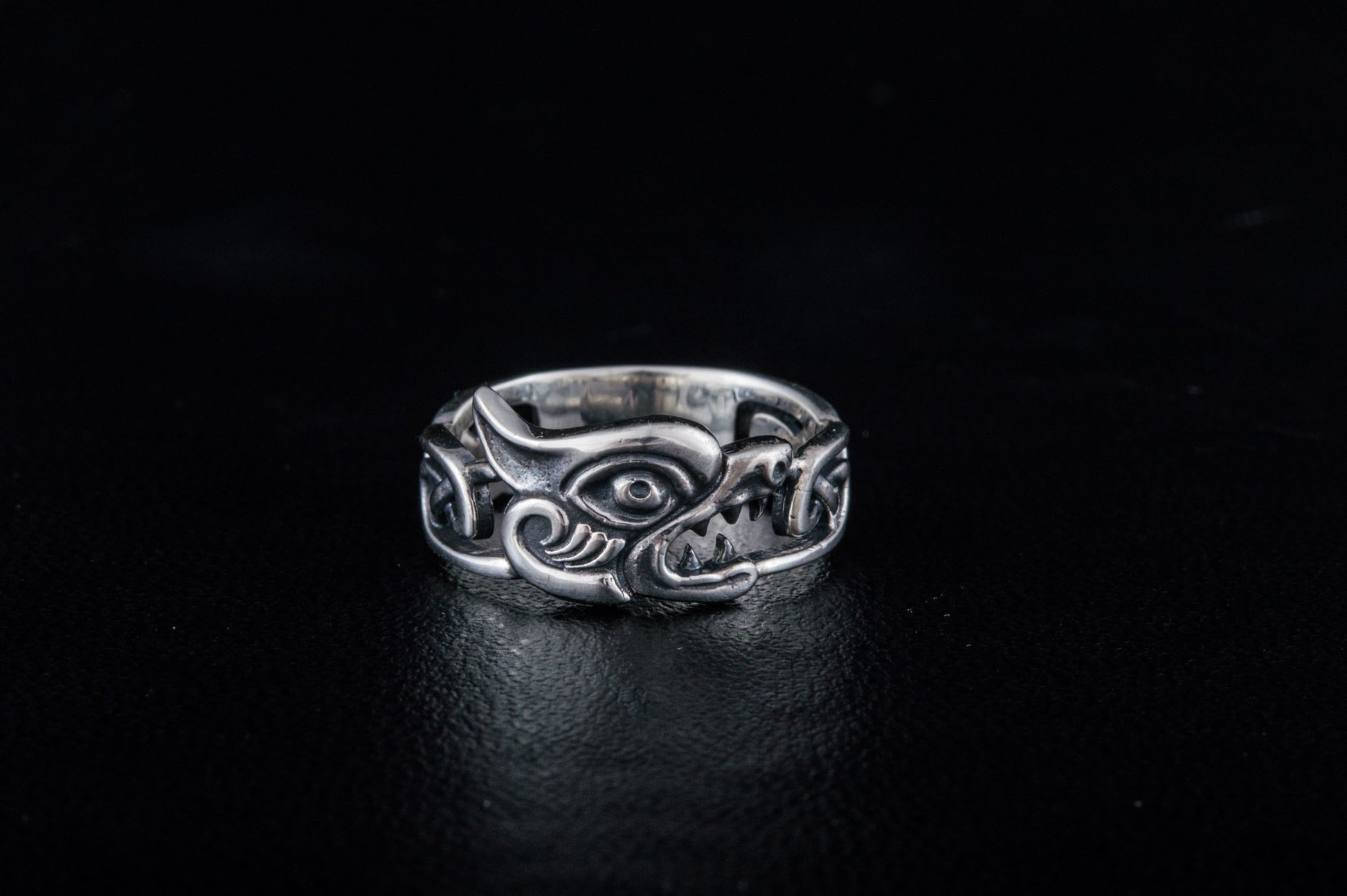 vkngjewelry Ring Handcrafted Fenrir Ring with Viking Ornament Sterling Silver Ring