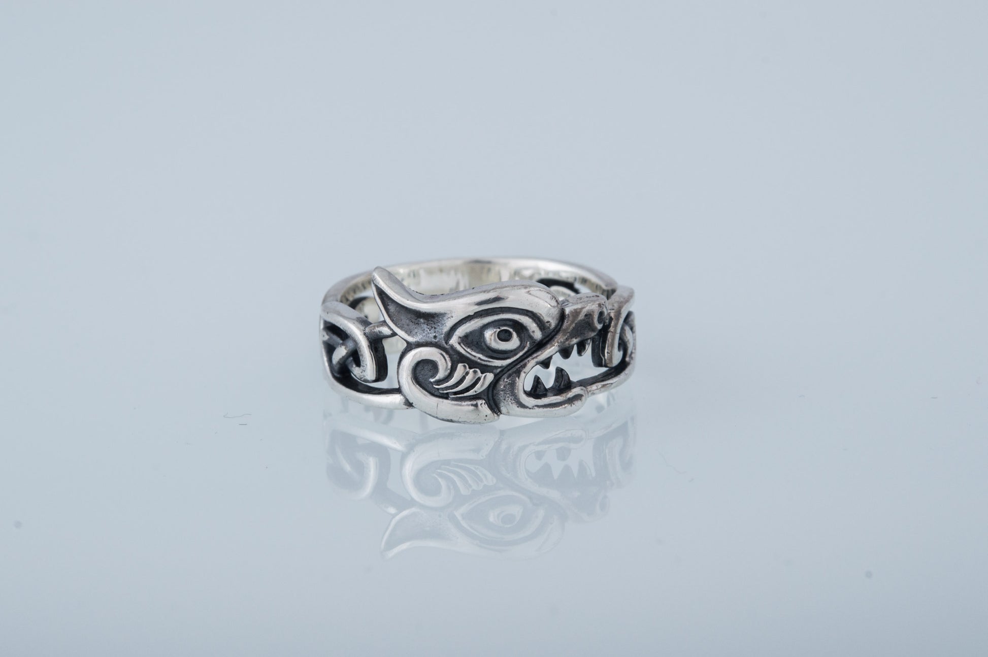 vkngjewelry Ring Handcrafted Fenrir Ring with Viking Ornament Sterling Silver Ring