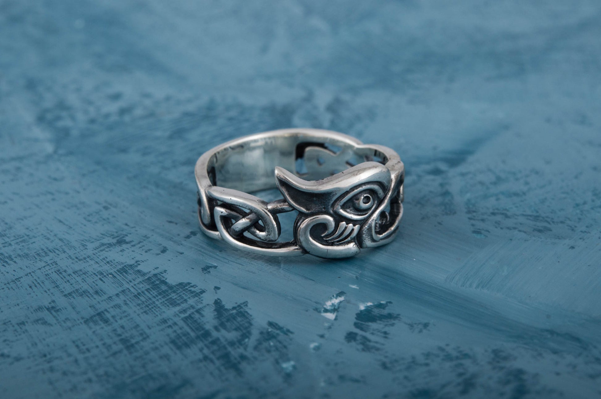 vkngjewelry Ring Handcrafted Fenrir Ring with Viking Ornament Sterling Silver Ring