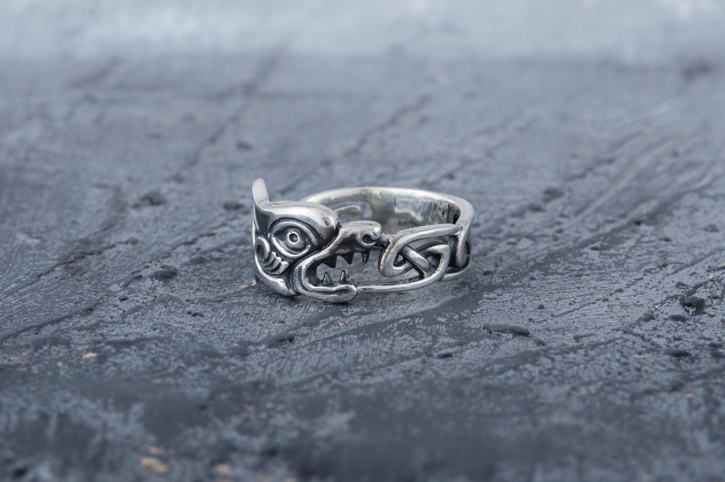 vkngjewelry Ring Handcrafted Fenrir Ring with Viking Ornament Sterling Silver Ring