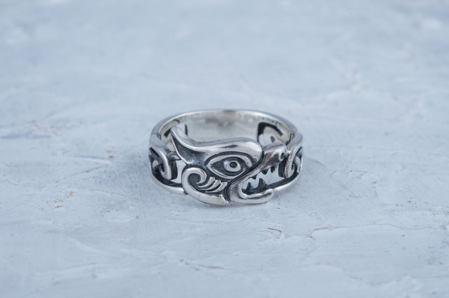 vkngjewelry Ring Handcrafted Fenrir Ring with Viking Ornament Sterling Silver Ring