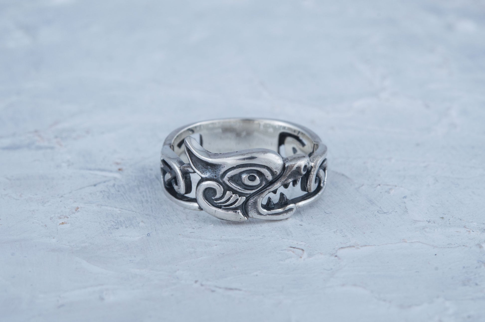 vkngjewelry Ring Handcrafted Fenrir Ring with Viking Ornament Sterling Silver Ring