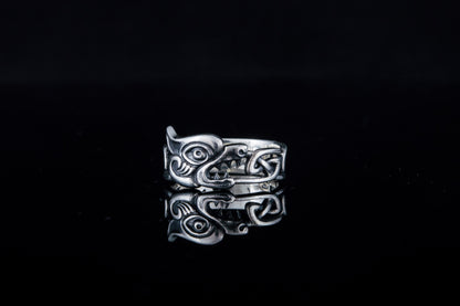 vkngjewelry Ring Handcrafted Fenrir Ring with Viking Ornament Sterling Silver Ring