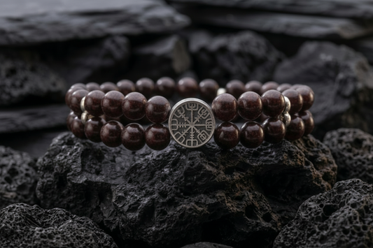 vkngjewelry Bracelet Garnet Beaded Bracelet with 925 Sterling Silver Vegvisir Norse Compass Bead