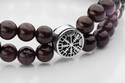 vkngjewelry Bracelet Garnet Beaded Bracelet with 925 Sterling Silver Vegvisir Norse Compass Bead