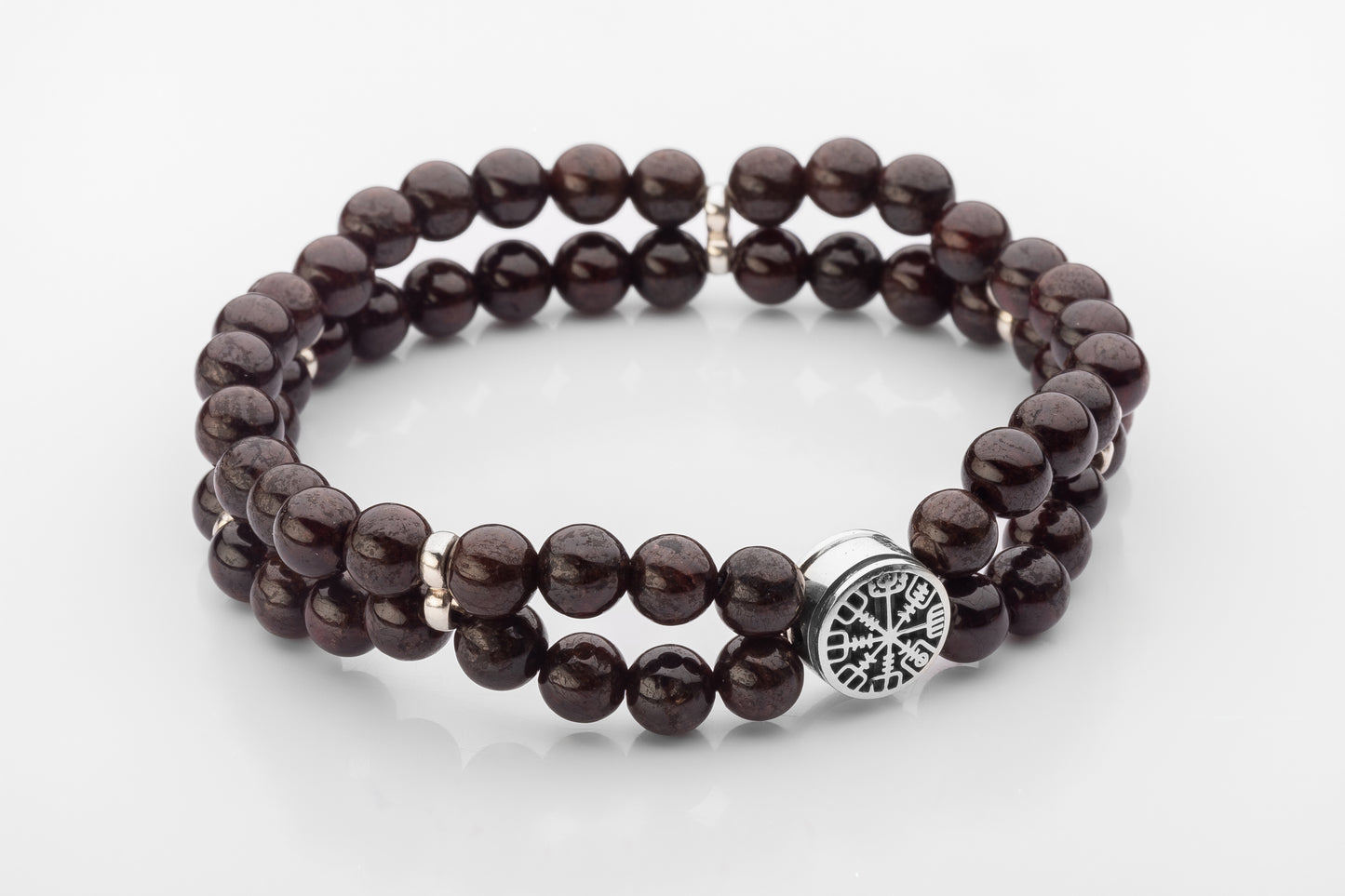 vkngjewelry Bracelet Garnet Beaded Bracelet with 925 Sterling Silver Vegvisir Norse Compass Bead