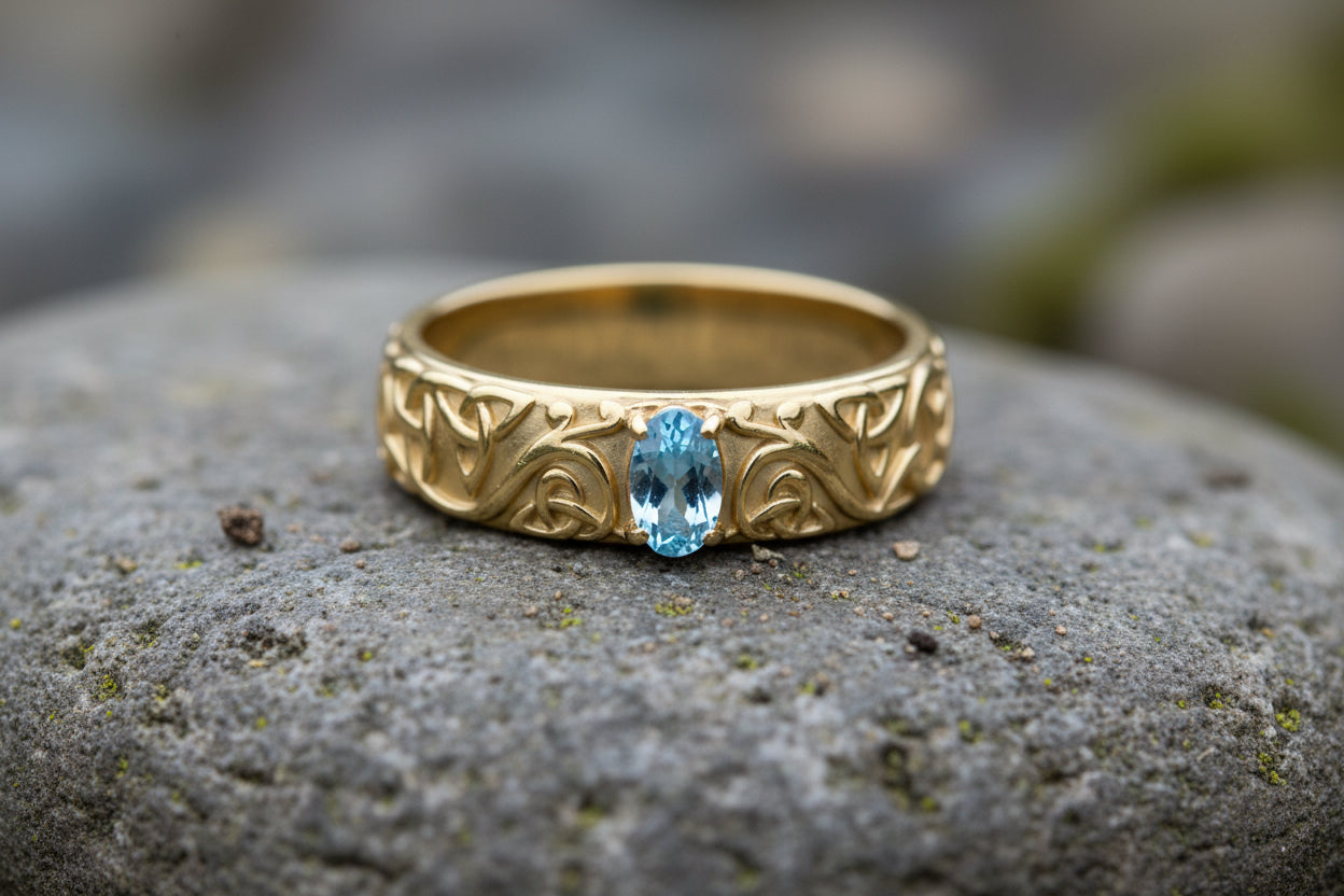 vkngjewelry Ring Gold Celtic Knot Ring with Sky Blue Topaz, Norse Wedding Style
