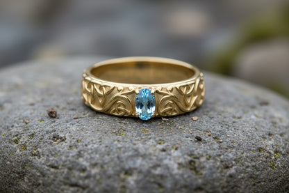 vkngjewelry Ring Gold Celtic Knot Ring with Sky Blue Topaz, Norse Wedding Style
