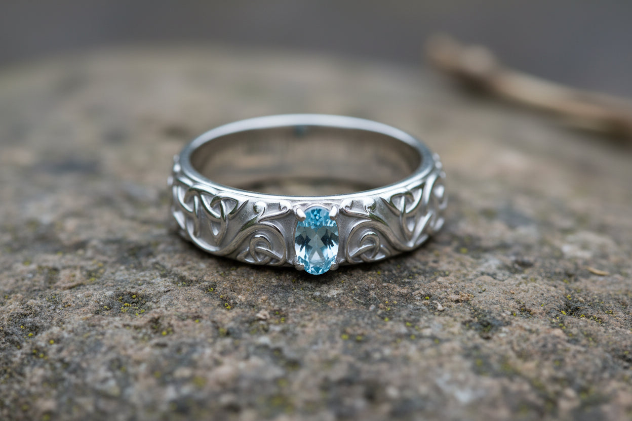 vkngjewelry Ring Gold Celtic Knot Ring with Sky Blue Topaz, Norse Wedding Style