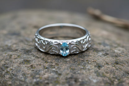 vkngjewelry Ring Gold Celtic Knot Ring with Sky Blue Topaz, Norse Wedding Style
