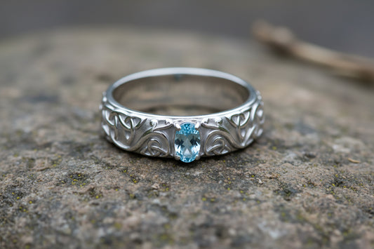 vkngjewelry Ring Gold Celtic Knot Ring with Sky Blue Topaz, Norse Wedding Style