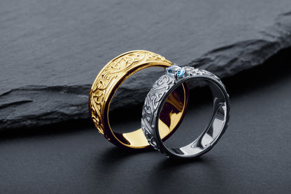 vkngjewelry Ring Gold Celtic Knot Ring with Sky Blue Topaz, Norse Wedding Style